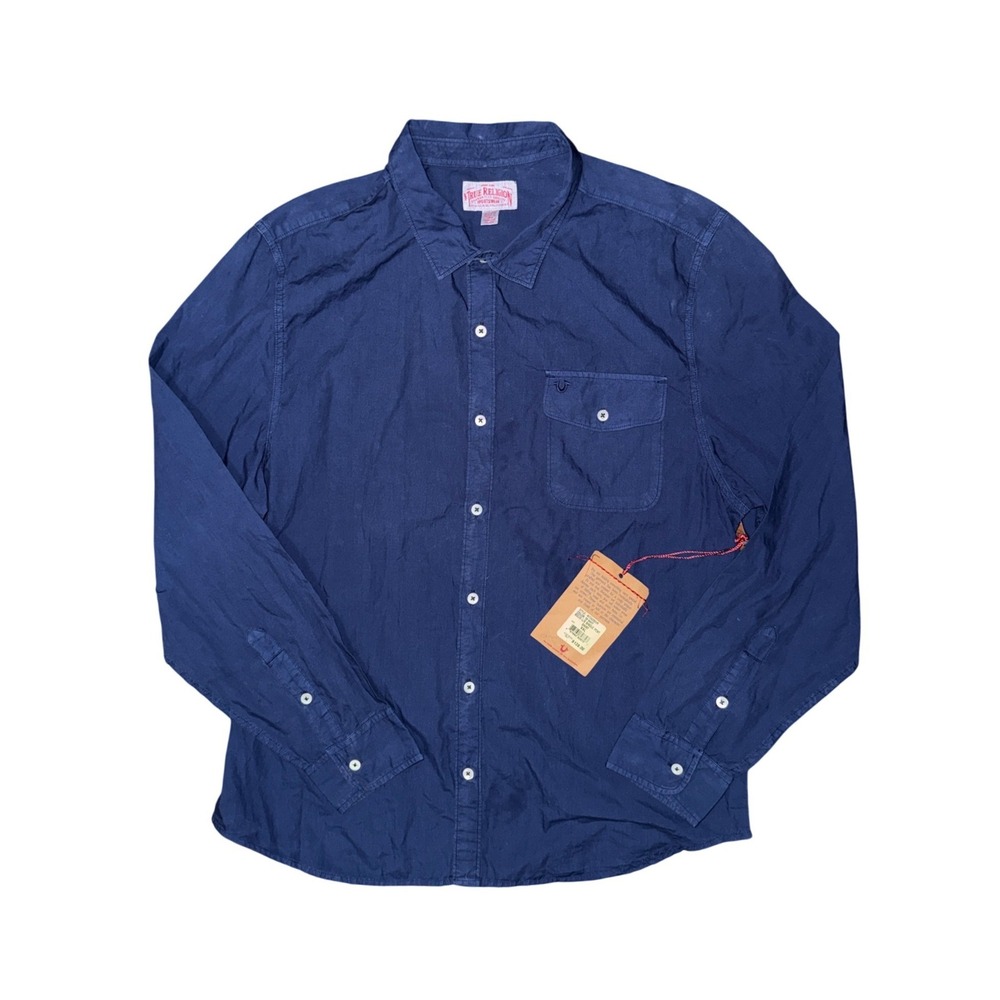 True Religion Navy Long Sleeve Button Down Shirt Y2K Indie Sleaze Preppy Utility